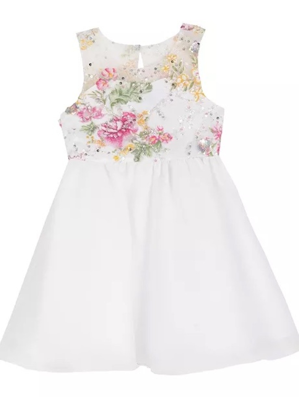 Rare Editions White Floral Appliqué Party Dress with Pink Accents